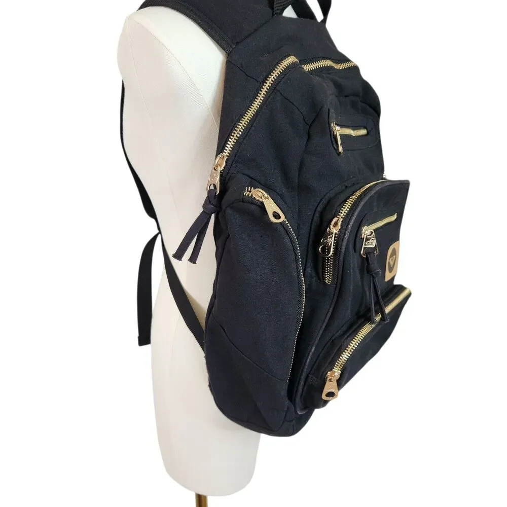 Roxy Black Canvas Backpack Gold Zippers Travel School Bookbag Faux Leather Patch